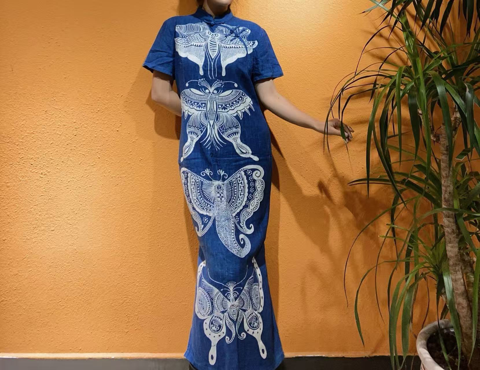 民族风手工植物染蜡染时尚旗袍