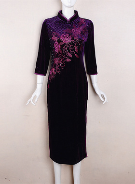 （捡漏3XL5XL）露德芳2025秋季中袖金丝绒重工珠绣旗袍尾货紫色