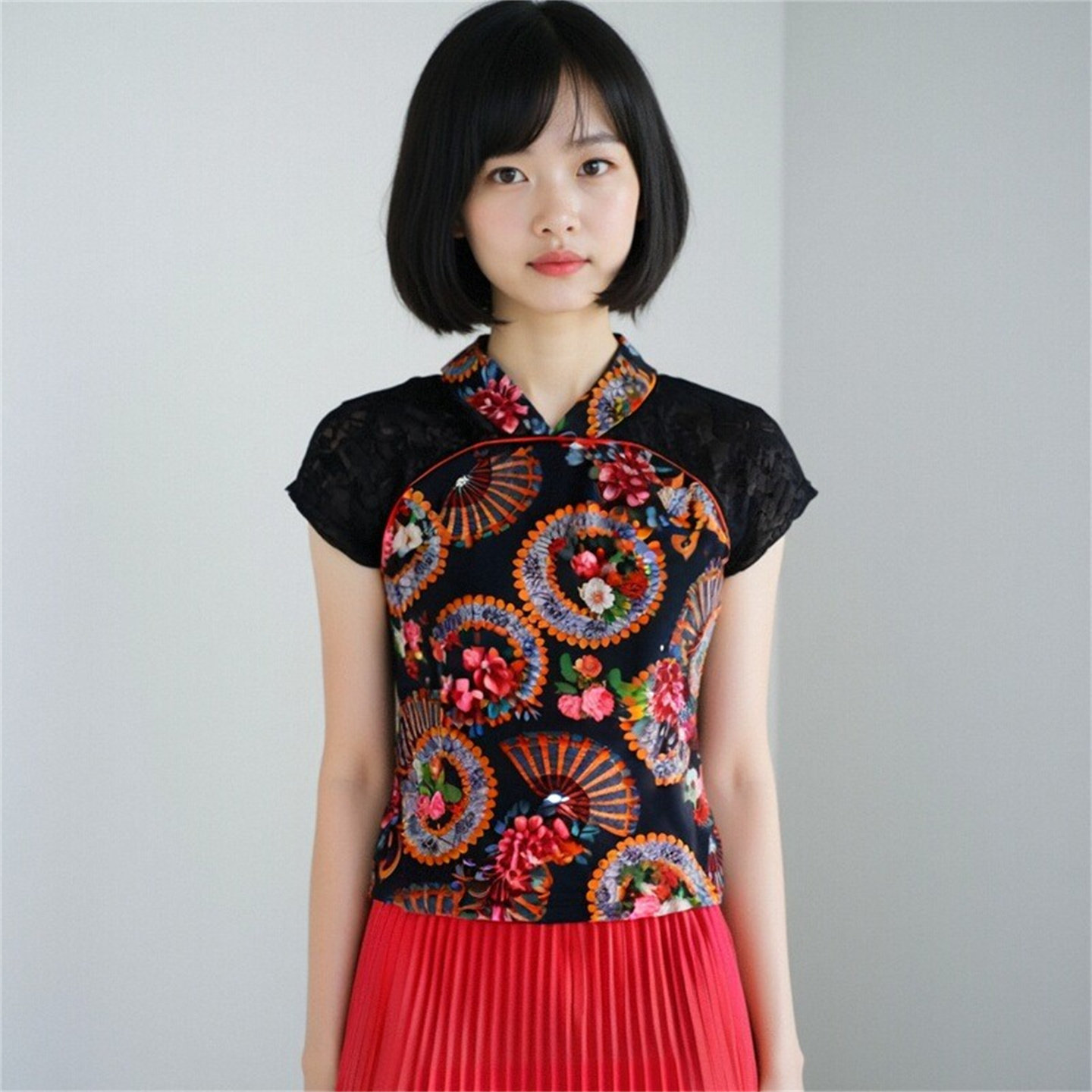 楠楠夏立领蕾丝黑色国风唐装上衣