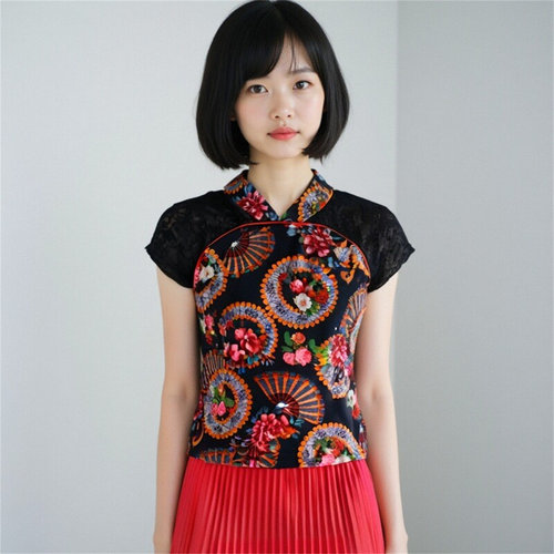 楠楠夏立领蕾丝黑色国风唐装上衣