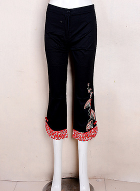 （捡漏L）依丽佩莎2025夏季刺绣八分裤微喇叭国风黑色尾货断码