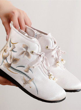 【秋叶】秋款绣花靴子老北京绣花女坡跟内增高高跟女鞋中国风布鞋