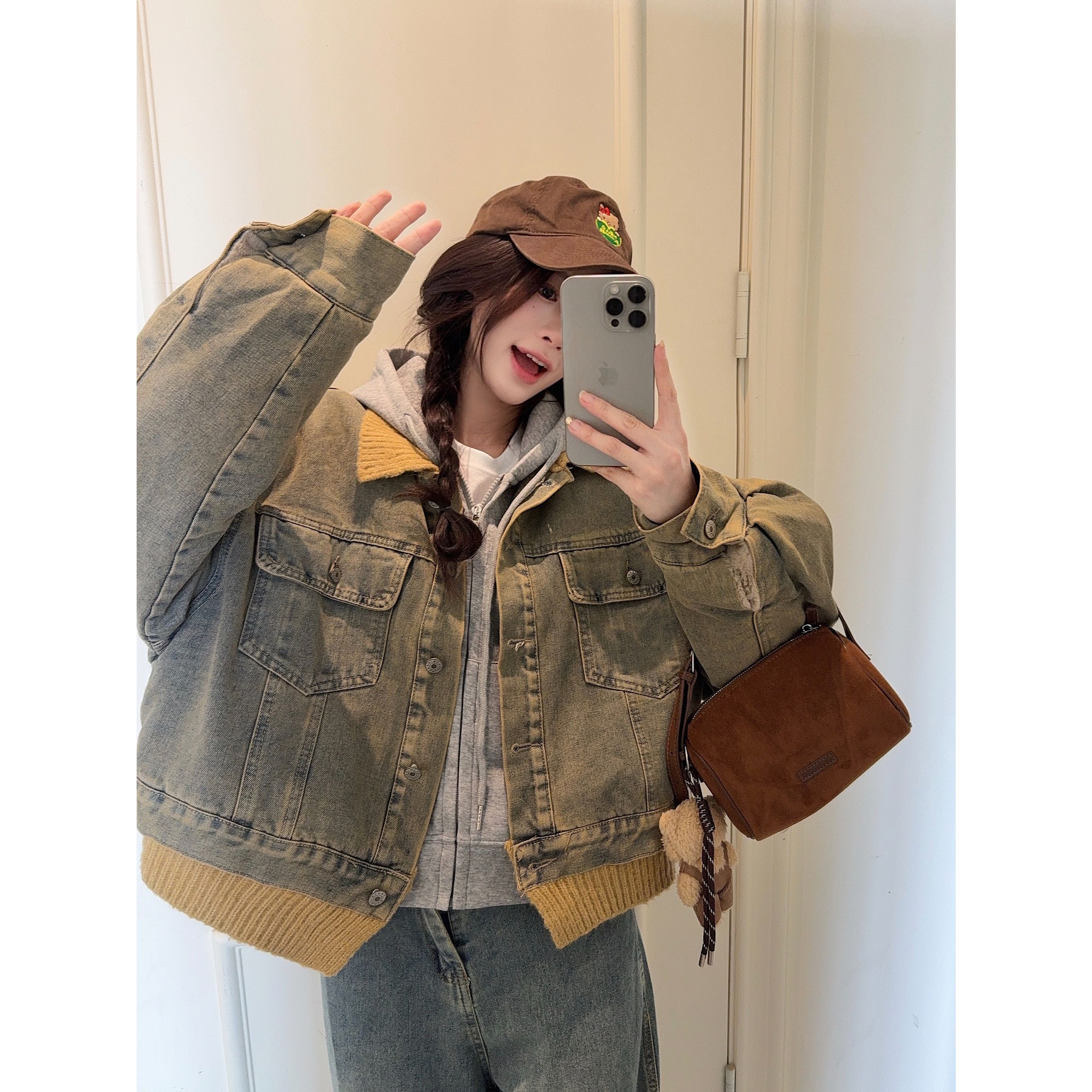 实拍 美式复古慵懒风撞色翻领牛仔外套加绒新款小众休闲风外套