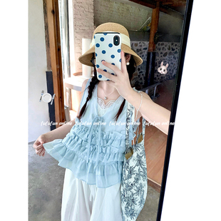 fufufun「夏日碎冰冰」日系冰蓝天丝蛋糕罩衫蕾丝吊带轻盈两件套