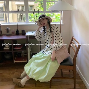 fufufun「青柠苏打」日系氧气青柠绿复古清新少女花苞裙半身裙