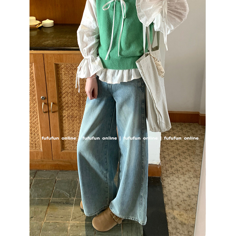 fufufun「好版型」日系复古明线设计感阔腿宽松高腰水洗牛仔裤秋,女装/女士精品,牛仔裤,淘宝优惠券,粉丝福利购,淘宝优惠卷