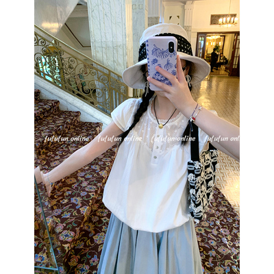 fufufun「芭蕾协奏曲」双层小飞袖拼接精致刺绣花苞衬衣