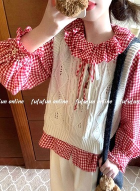 fufufun「红苹果松塔」原创红格子磨毛双层花边褶皱系带衬衣叠搭
