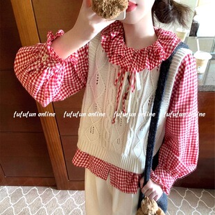 fufufun「红苹果松塔」原创红格子磨毛双层花边褶皱系带衬衣叠搭
