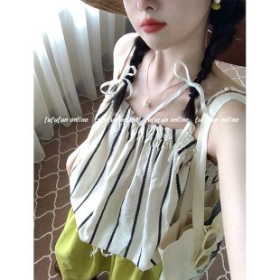 fufufun「细节提花」日系复古褶皱条纹提花下摆可抽绳花苞吊带