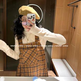 fufufun「姜饼曲奇」原创日系浓郁圣诞棕藏青格纹复古毛呢背带裙