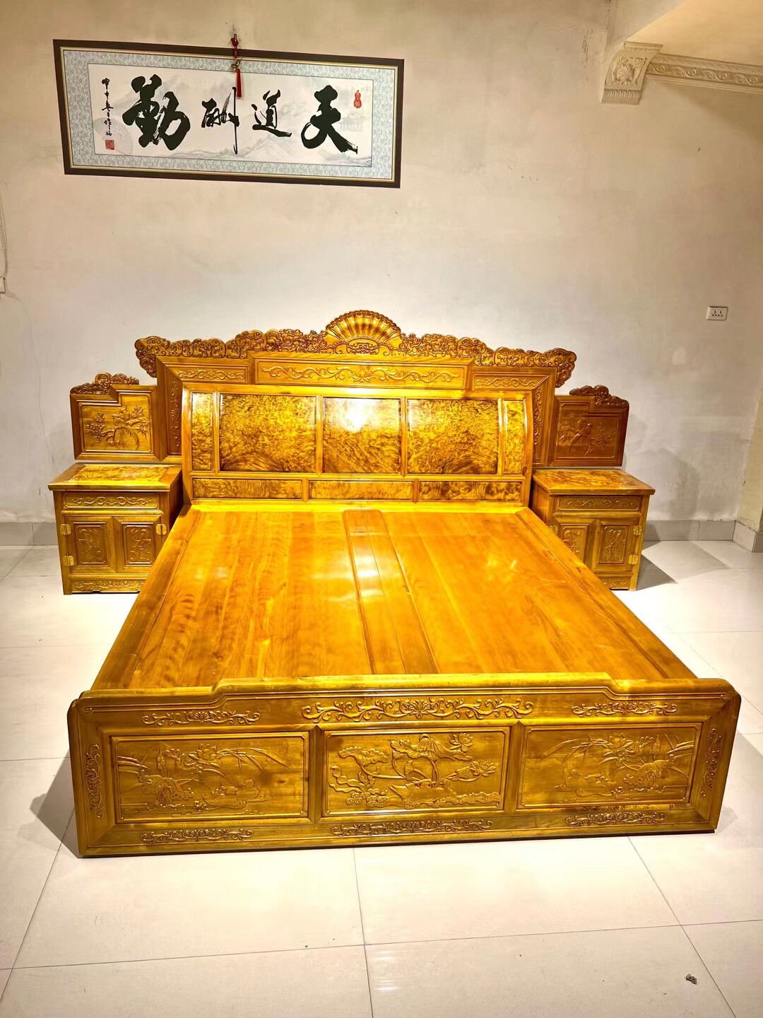 金丝楠木素面双人床红木水波纹高低床架子床中式古典婚床夫妻床