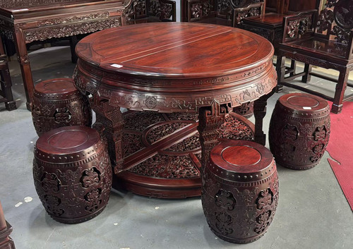 红木家具缅甸花梨木老挝红酸枝圆桌餐台实木圆台古典中式餐厅家具