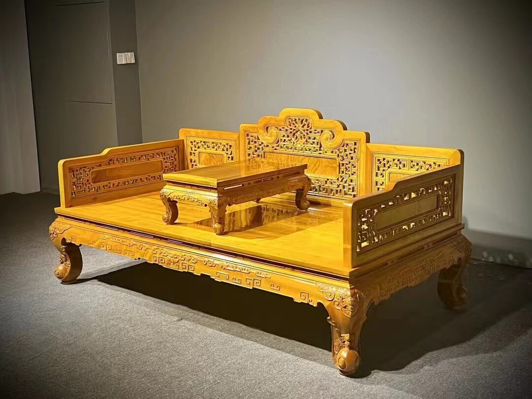 金丝楠木罗汉床新中式红木家具龙床贵妃床三件套古典榫卯单人床榻