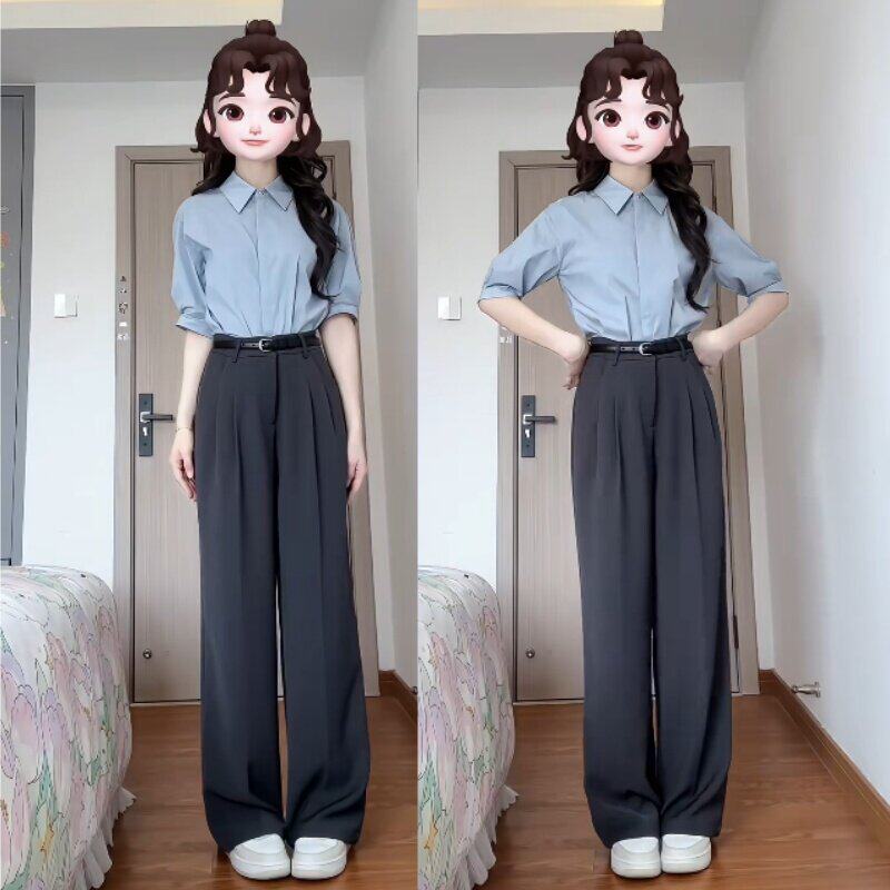 蓝色职业衬衫女夏教资职