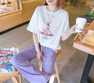 兔美善韩国代购女装 夏新 洋气可爱西装兔八哥印花休闲减龄T恤