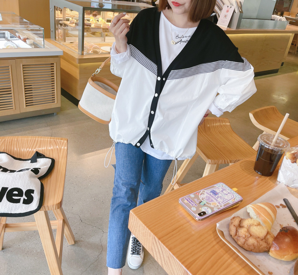 兔美善韩国代购女装 秋新款 洋气条纹拼色夹克休闲拼接外套