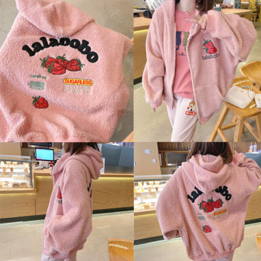 兔美善韩国代购女装25冬季 亮片草莓软萌羊羔毛加绒加厚外套