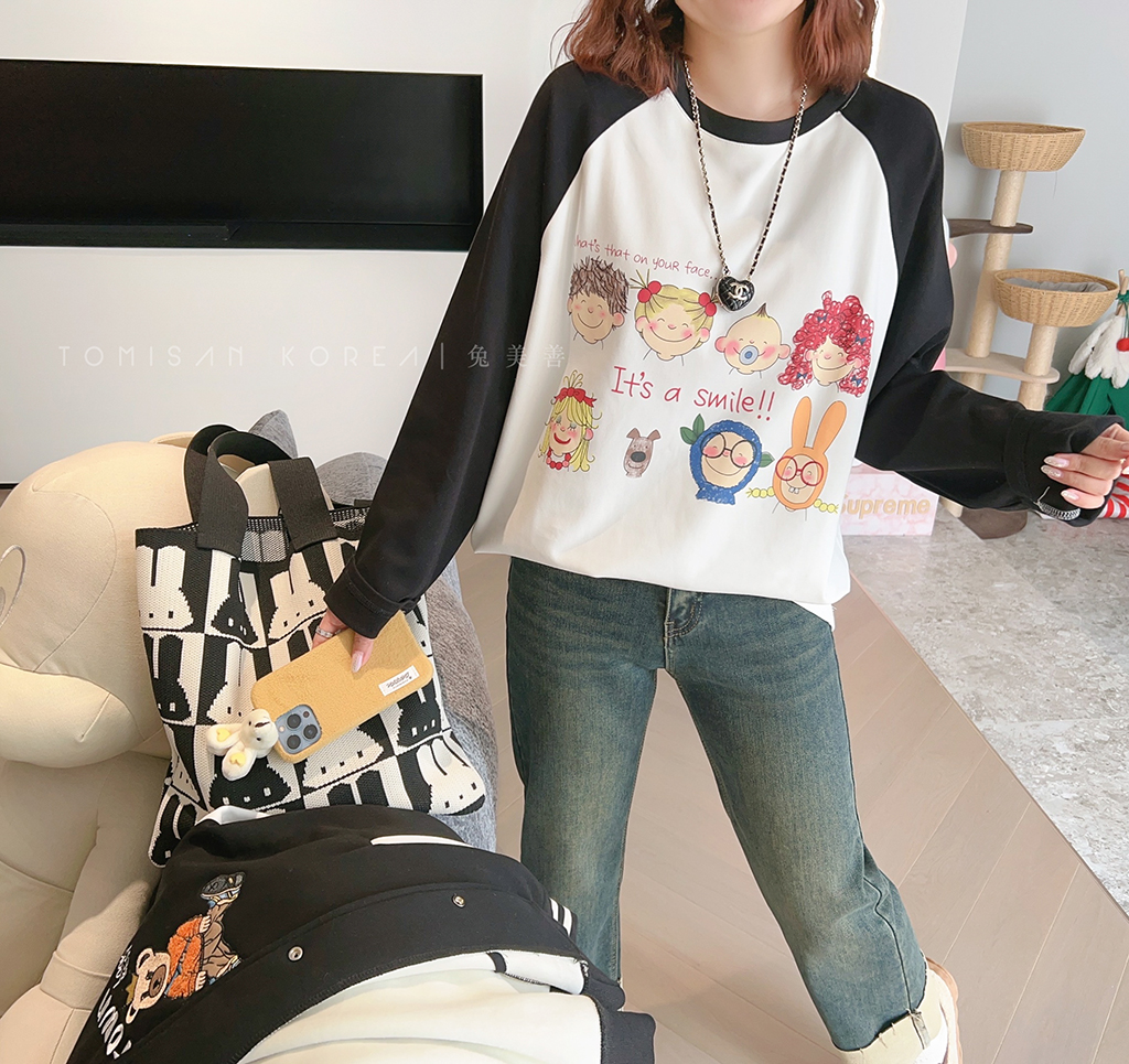 兔美善韩国代购女装23秋新 减龄趣味头像加绒插肩袖T恤上衣