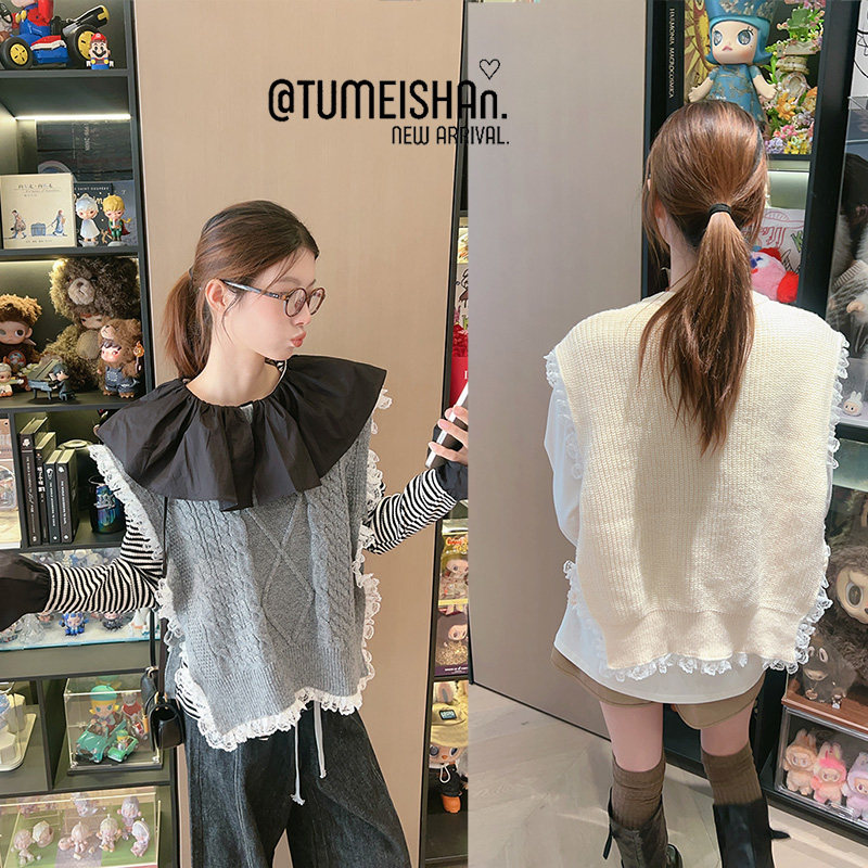 兔美善韩国代购女装25秋 时尚拼接蕾丝花边针织麻花系带马甲背心