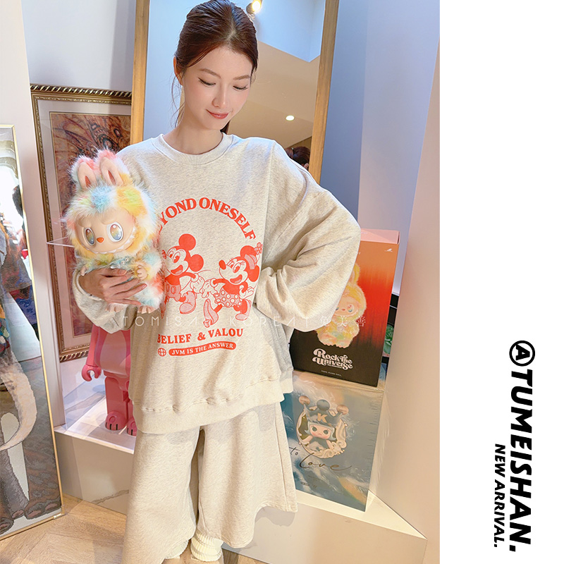 兔美善韩国代购女装25冬季亮丽卡通字母卫衣+纯色阔腿7分裤两件套