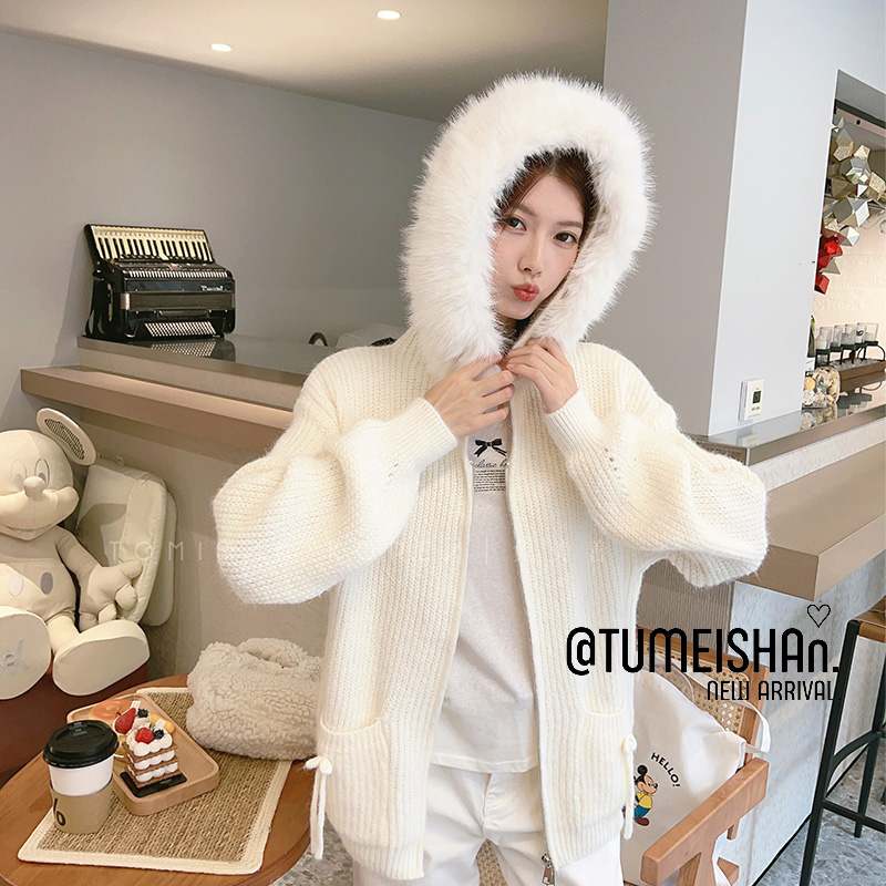 兔美善韩国代购女装25秋 洋气可爱大毛领蝴蝶结插袋毛衣开衫外套