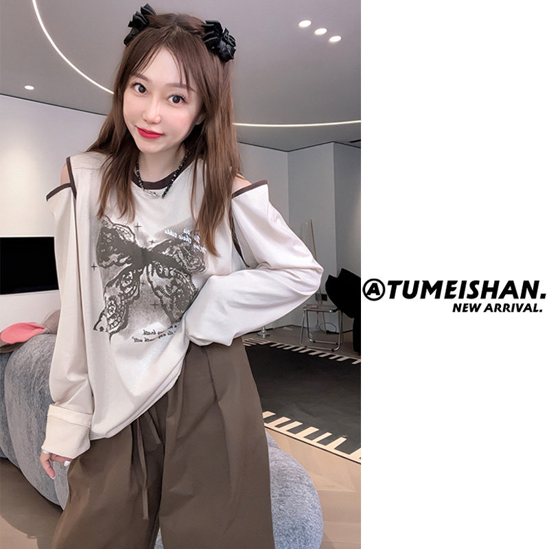 兔美善韩国代购女装 秋新 奶茶色个性时尚蝴蝶结印花露肩长袖T恤