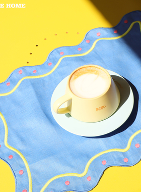 多巴胺法式刺绣纯亚麻餐垫隔热垫中古风桌面垫 ins摆拍背景布餐布