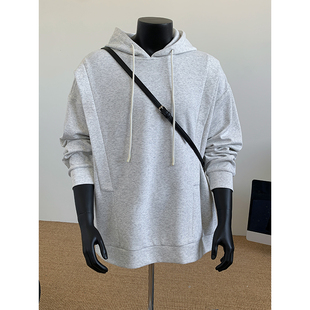白灰色卫衣解构设计感潮男款胖子宽松外套春秋叠穿内搭上衣大码潮