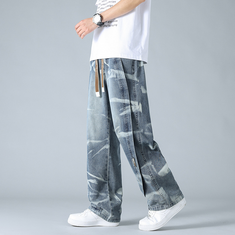 2025春秋季新款宽松斑马纹扎染大码美式复古牛仔裤直筒水洗长裤子