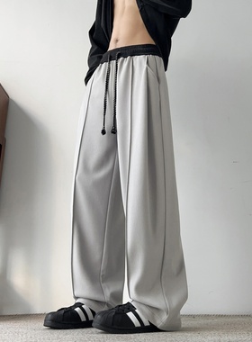 简约运动风阔腿裤男撞色松紧腰头宽松直筒大码系绳休闲裤灰色长裤