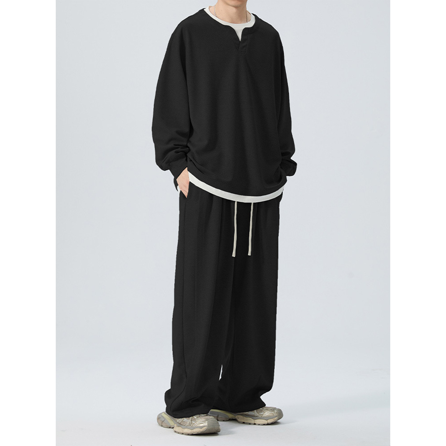 胖哥大码加肥加大运动套装男士欧美长袖痞帅垂感两件套穿搭一整套