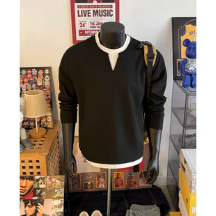 亨利领假两件肌理感V领卫衣重磅设计感长袖 胖子大码 T恤男 新款 秋季