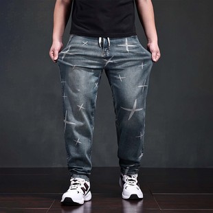 胖哥印花高弹大码牛仔裤男春秋高腰加肥加大弹力宽松潮牌休闲长裤