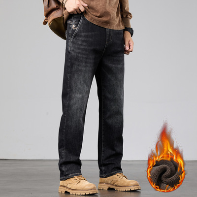 胖子秋冬季男士牛仔裤加肥加大弹力松紧腰直筒宽松加厚百搭长裤子