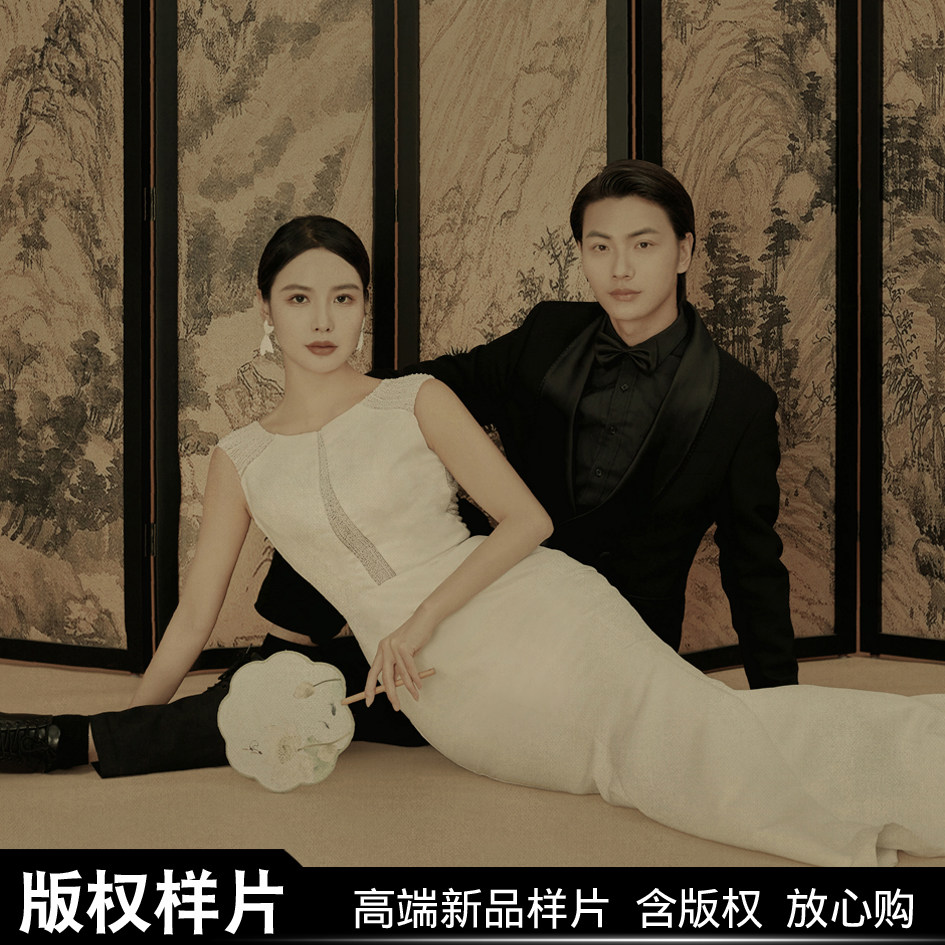 影楼中式婚纱照样片新款影楼高端室内复古工笔画白纱画意油画客样