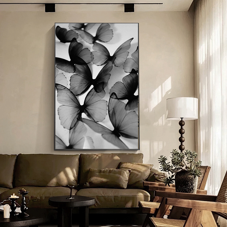 现代简约玄关装饰画高级感轻奢黑白蝴蝶艺术壁画抽象客厅沙发挂画图片