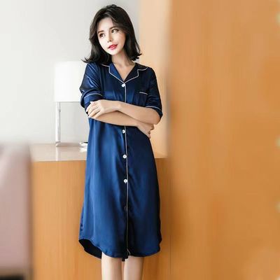 长款过膝冰丝绸睡裙女夏季短袖薄款加大码胖mm200斤仿真丝绸睡衣