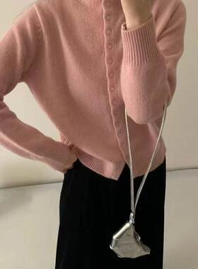 浣熊纯色软糯半高领一排扣长袖毛针织开衫外套女毛衣外搭上衣