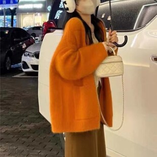 落日橘色加厚韩版上衣温柔慵懒风针织开衫高级感毛衣外套女秋冬季