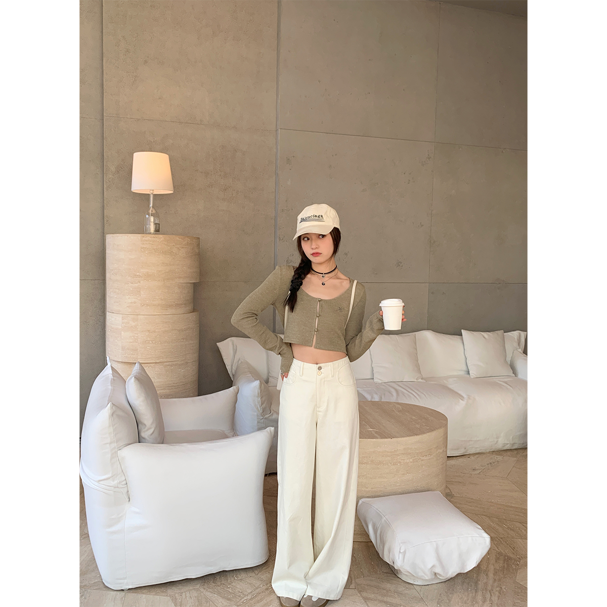 sieyiu白色痞雅牛仔裤设计感纽扣直筒阔腿裤百搭垂感拖地长裤子女