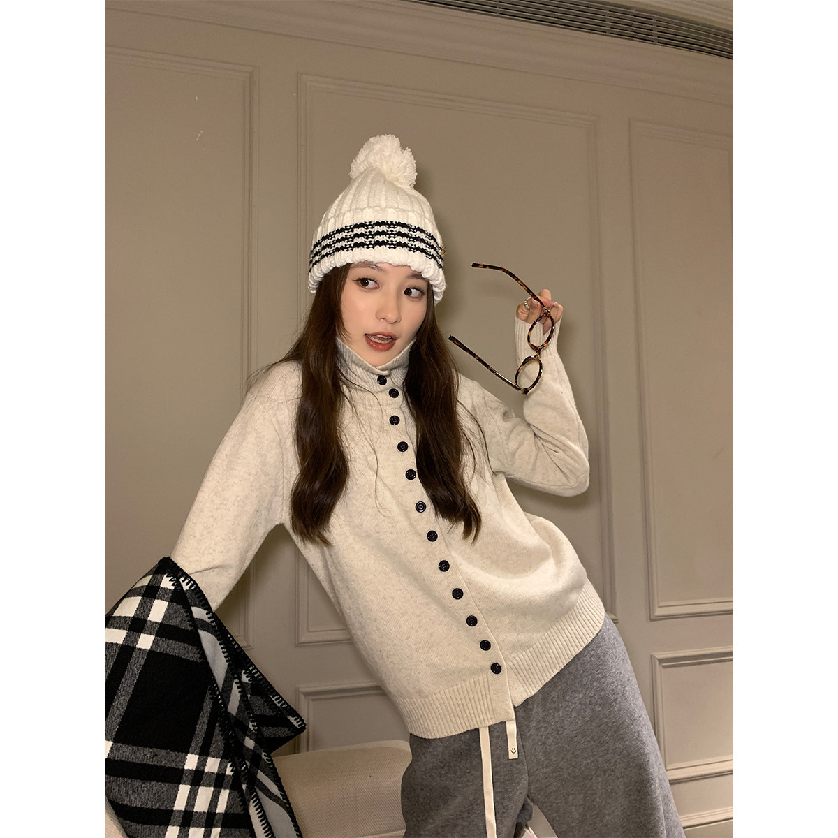 sieyiu2024秋冬新款立领单排扣针织开衫女韩系高级感宽松休闲毛衣