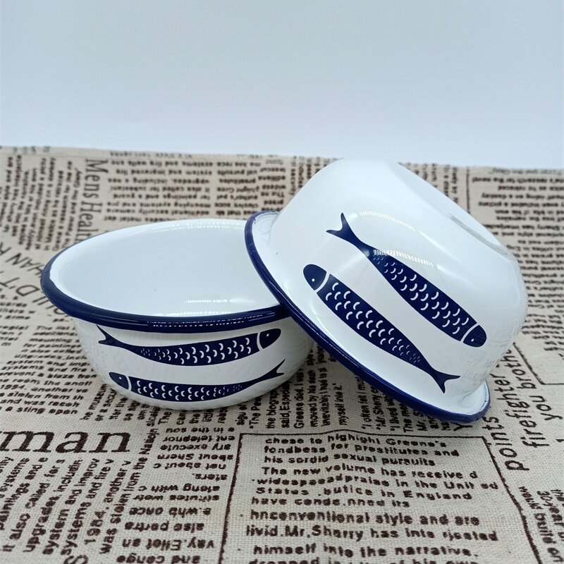 食品级儿童小碗特厚搪瓷碗家用宝宝粥碗珐琅卡通小鱼碗蒸鸡蛋糕碗