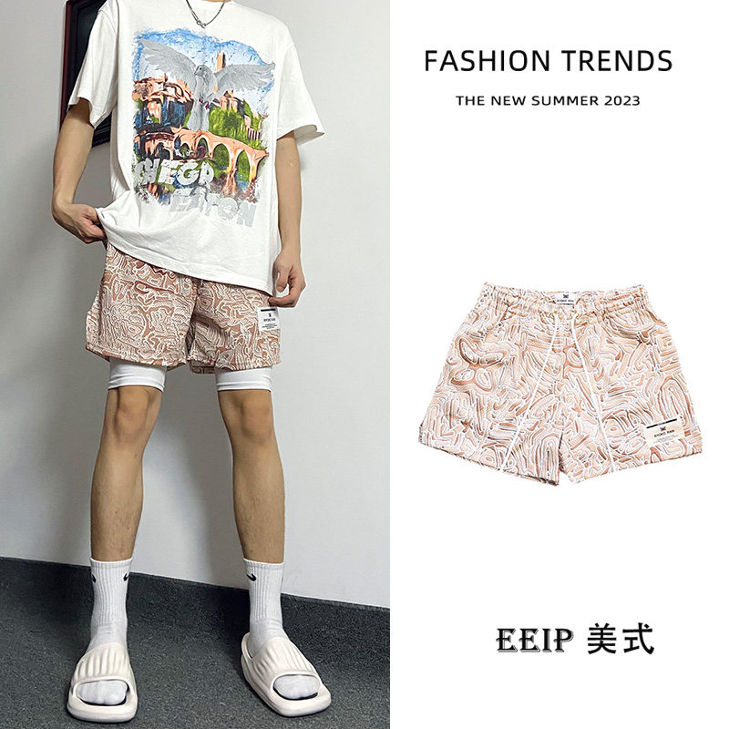 复古涂鸦美式短裤夏季不过膝运动休闲四分裤男跑步速干篮球裤潮牌