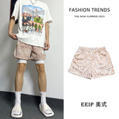 男跑步速干篮球裤 复古涂鸦美式 不过膝运动休闲四分裤 夏季 潮牌 短裤