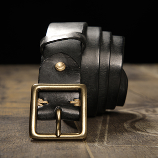 皮带男真皮纯头层牛皮铜扣美式 腰带 复古百搭手工做旧方头潮牛仔裤