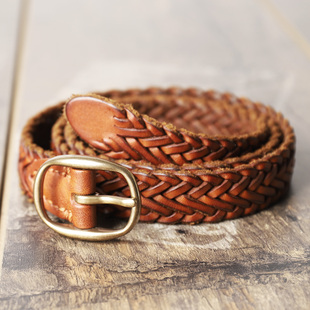 加长纯皮手工水染色编织细款牛仔美式vintage复古腰带皮带窄真皮