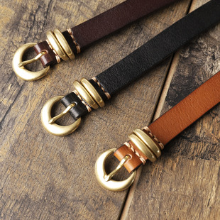 手工文艺复古纯牛皮制作小圆头细皮带双锁环铜针扣女士针扣小腰带