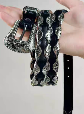 cleanfit简约小众头层牛皮重工铆钉链条细腰带装饰女百搭雕花皮带