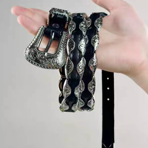 简约小众头层牛皮铆钉链条女腰带